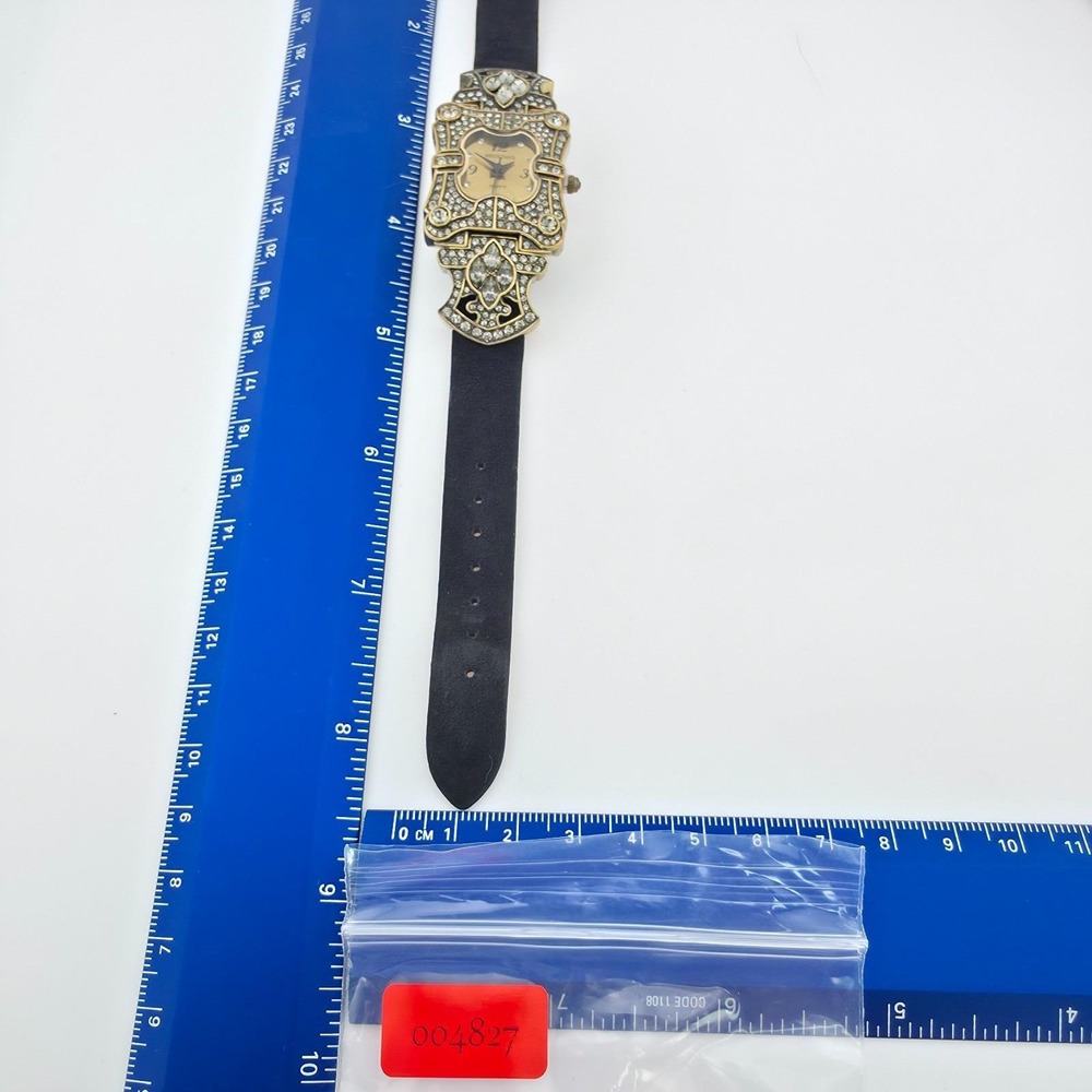 Vtg HEIDI DAUS Ladies Watch SWAROVSKI Crystals Black Leather Band Gold Finish 7" - Picture 14 of 14